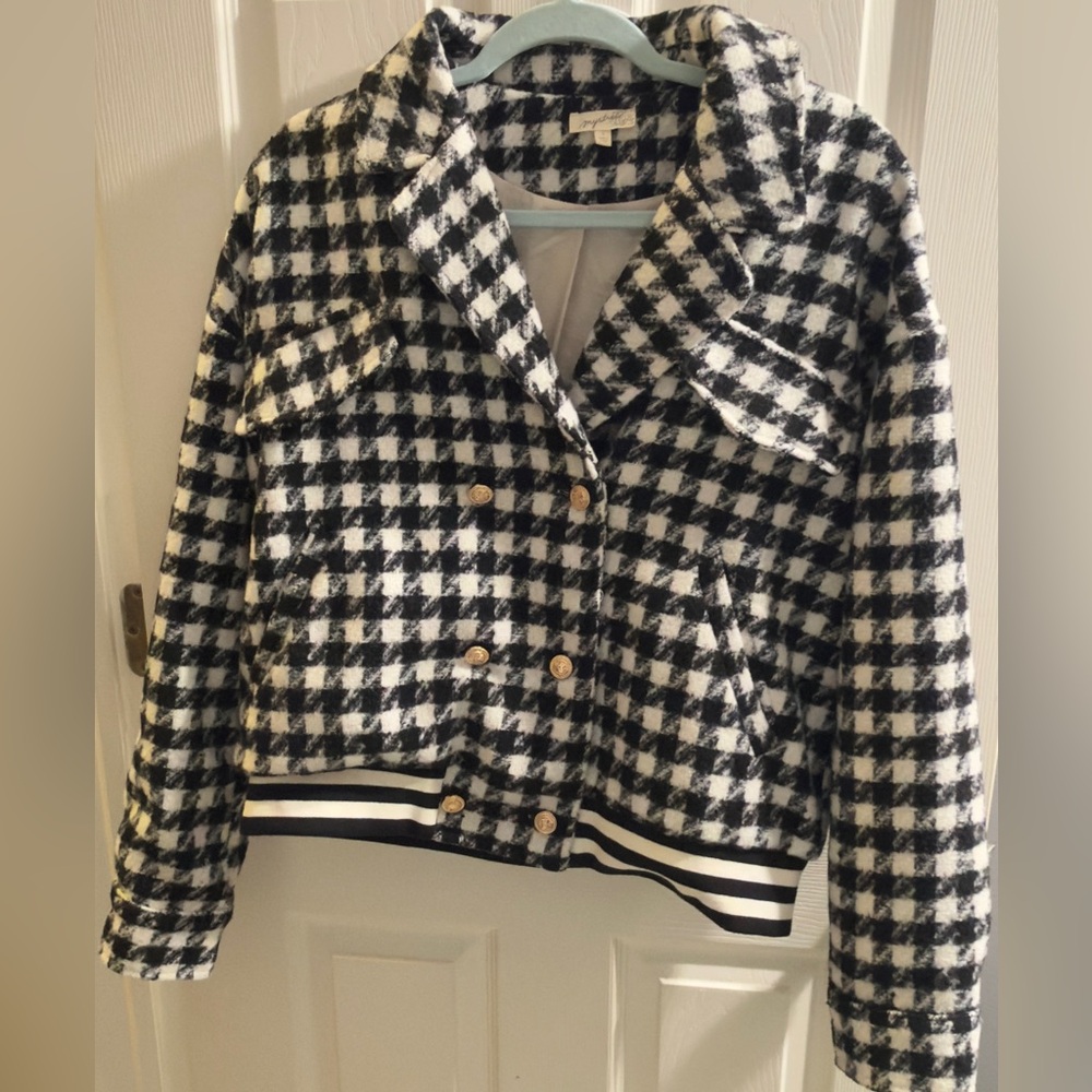 Mystree Black and White Houndstooth spring Bomber Jacket
